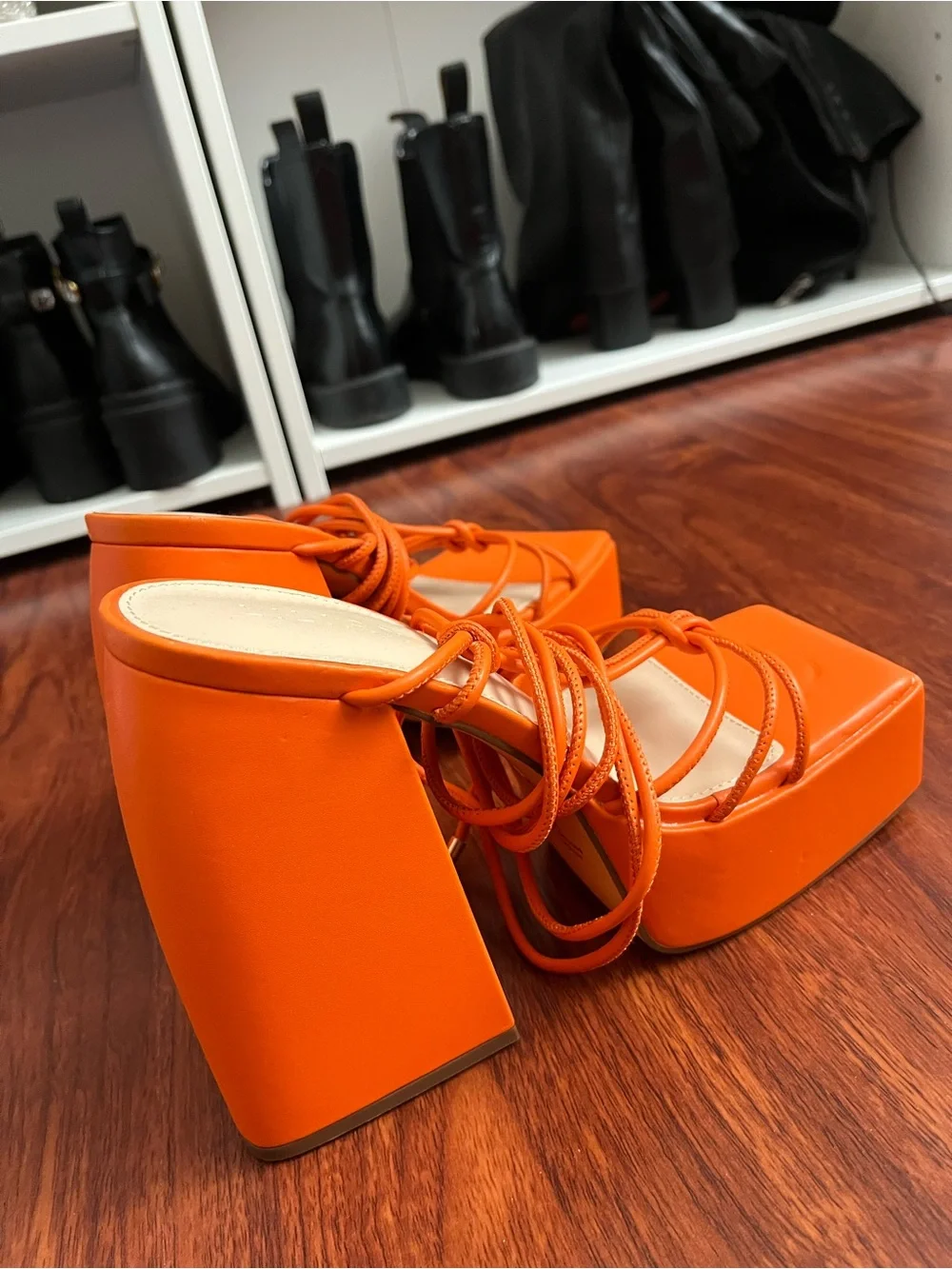 Orange Platform Block Heel Sandals - Womens